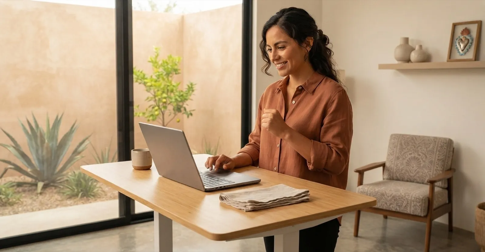 Una mujer trabaja en una laptop en un patio con luz natural